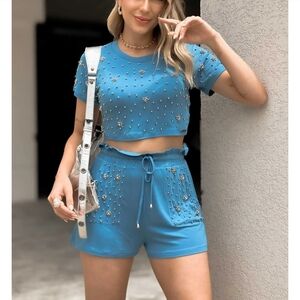 Blue Embellished Crop Top and Shorts Set